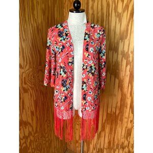 Nanette Lepore Lamour Shaw Cardigan Top Long Sleeve Fringe Floral Pink Sz S
